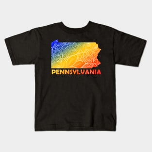 Colorful mandala art map of Pennsylvania with text in blue, yellow, and red Kids T-Shirt